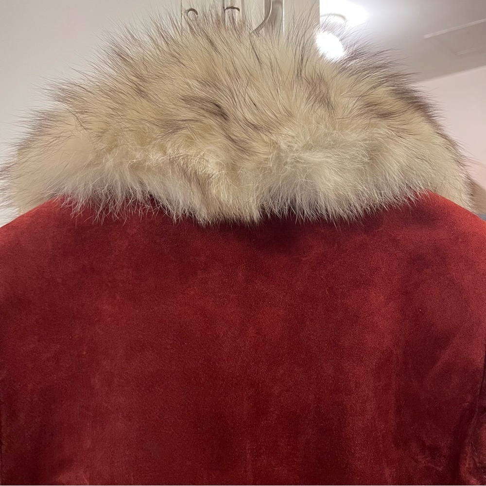 SIMPSONS Penny Lane Genuine Suede Leather Coat Real Fur Collar Belted Long Coat - Picture 4 of 16